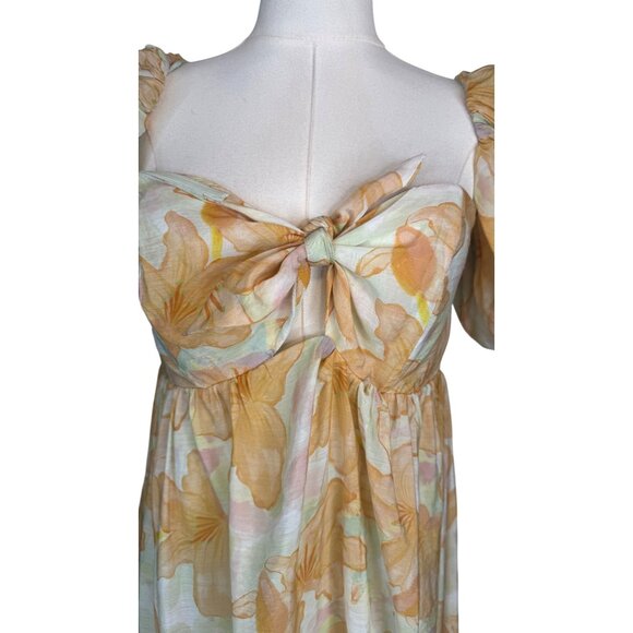 NWT ASTR XL The Label Orange Tropical Maxi Dress Puff Sleeves & Tie Front - Picture 6 of 16